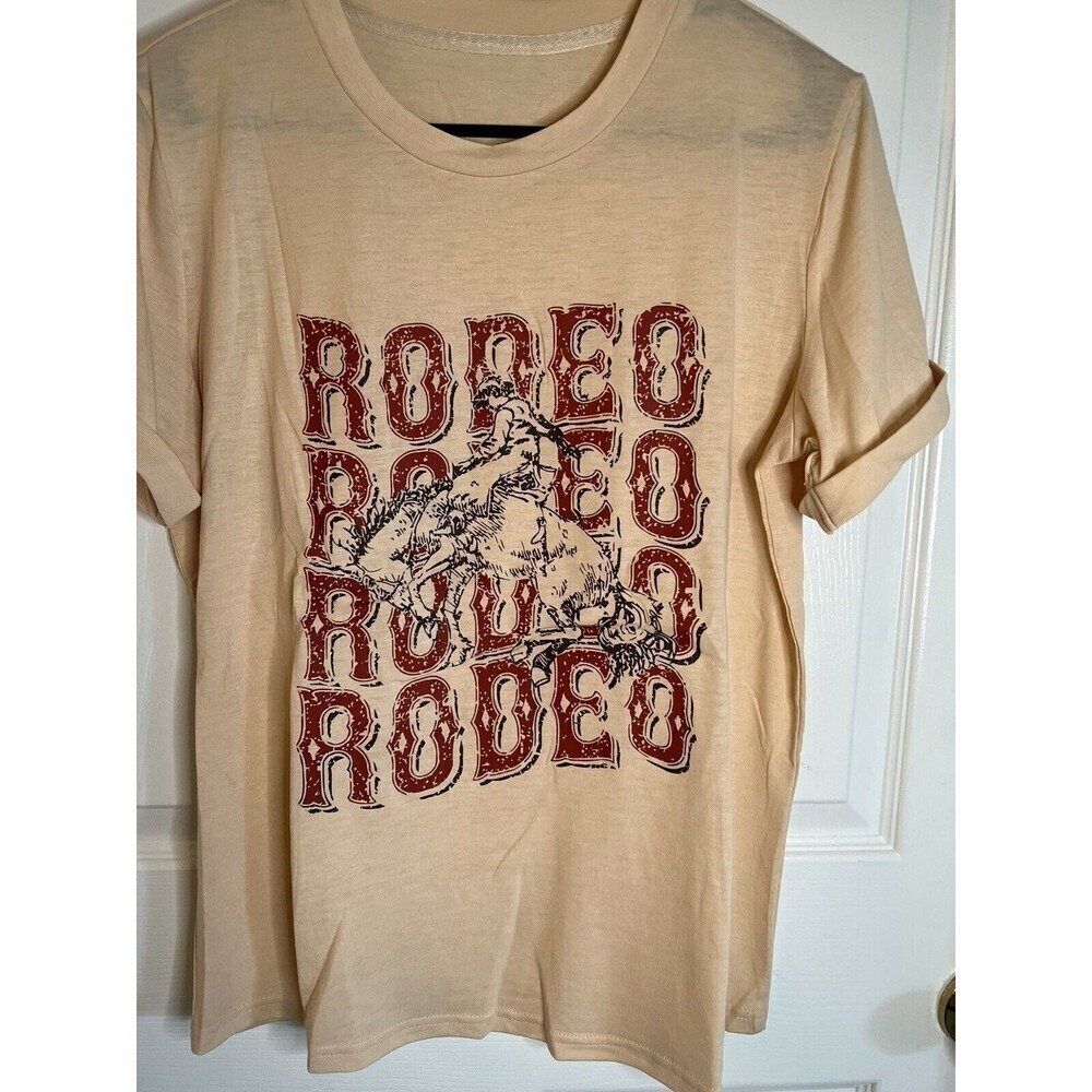 Women’s Tan Short Sleeve ‘Rodeo’ Cowboy Graphic T-shirt Size Small NWOT - Picture 5 of 7